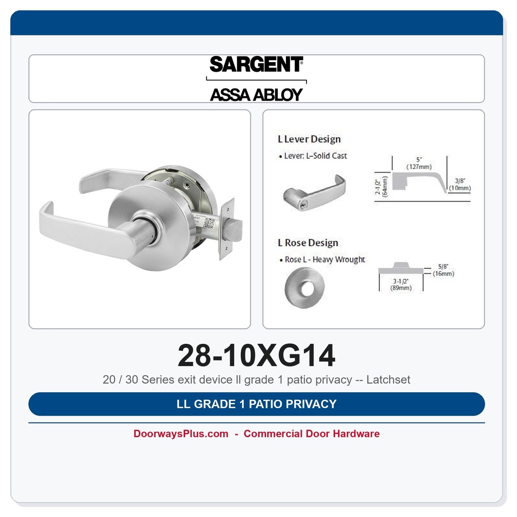 Sargent 28-10XG14 LL Grade 1 Patio Privacy Latchset | 10X Line Cylindrical Lock