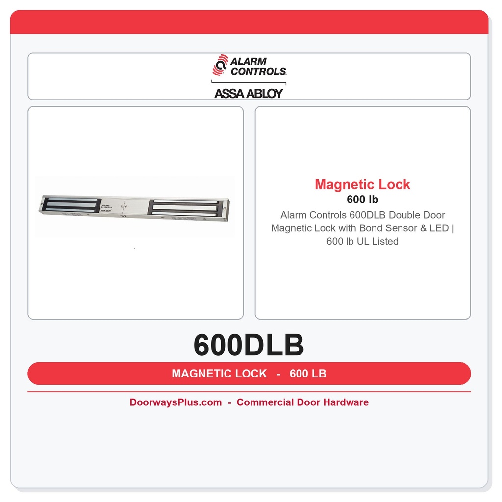 Alarm Controls 600DLB Double Door Magnetic Lock with Bond Sensor & LED | 600 lb UL Listed