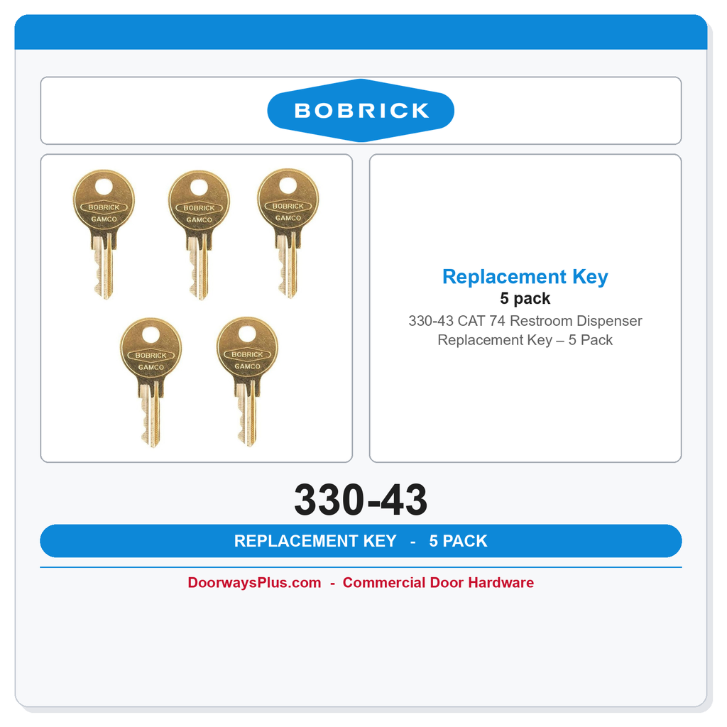 Bobrick 330-43 CAT 74 Restroom Dispenser Replacement Key – 5 Pack