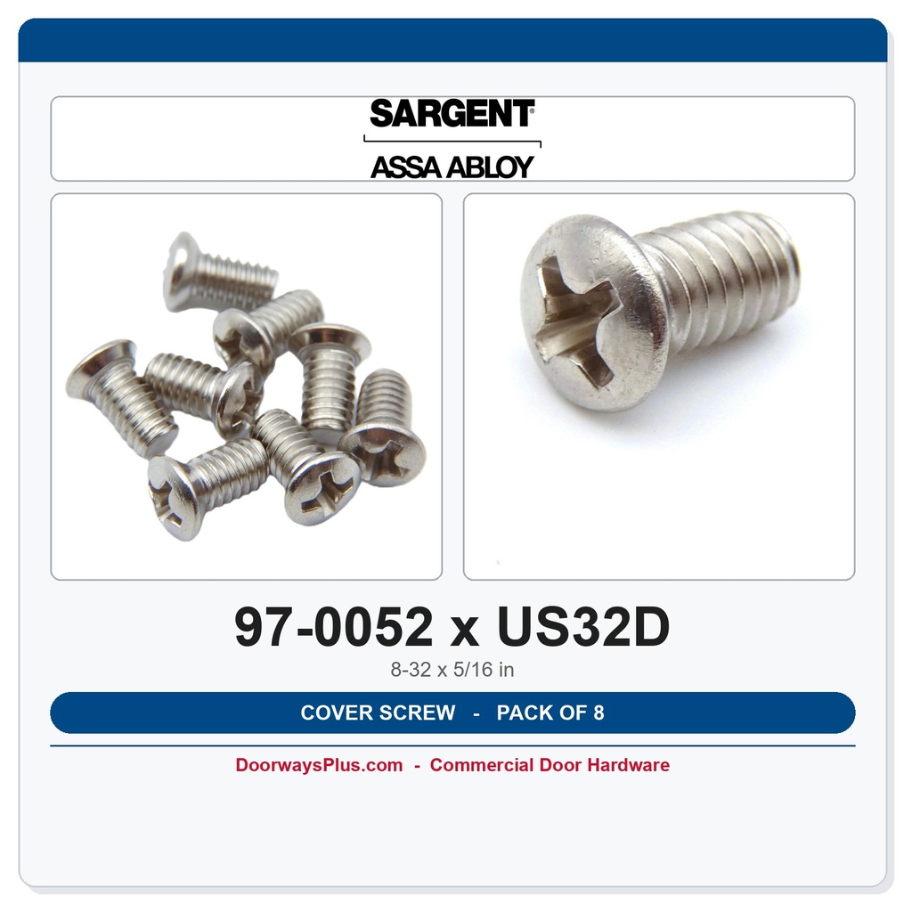 Sargent 97-0052 Cover Screws 8-32 x 5/16" US32D Stainless | 8-Pack