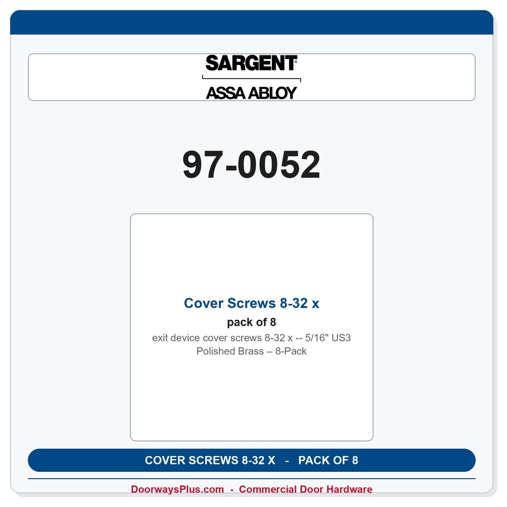 Sargent 97-0052 Cover Screws 8-32 x 5/16" US3 Polished Brass – 8-Pack