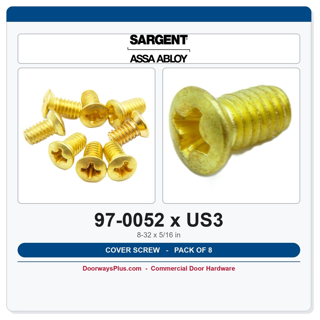 Sargent 97-0052 Cover Screws 8-32 x 5/16" US3 Polished Brass – 8-Pack