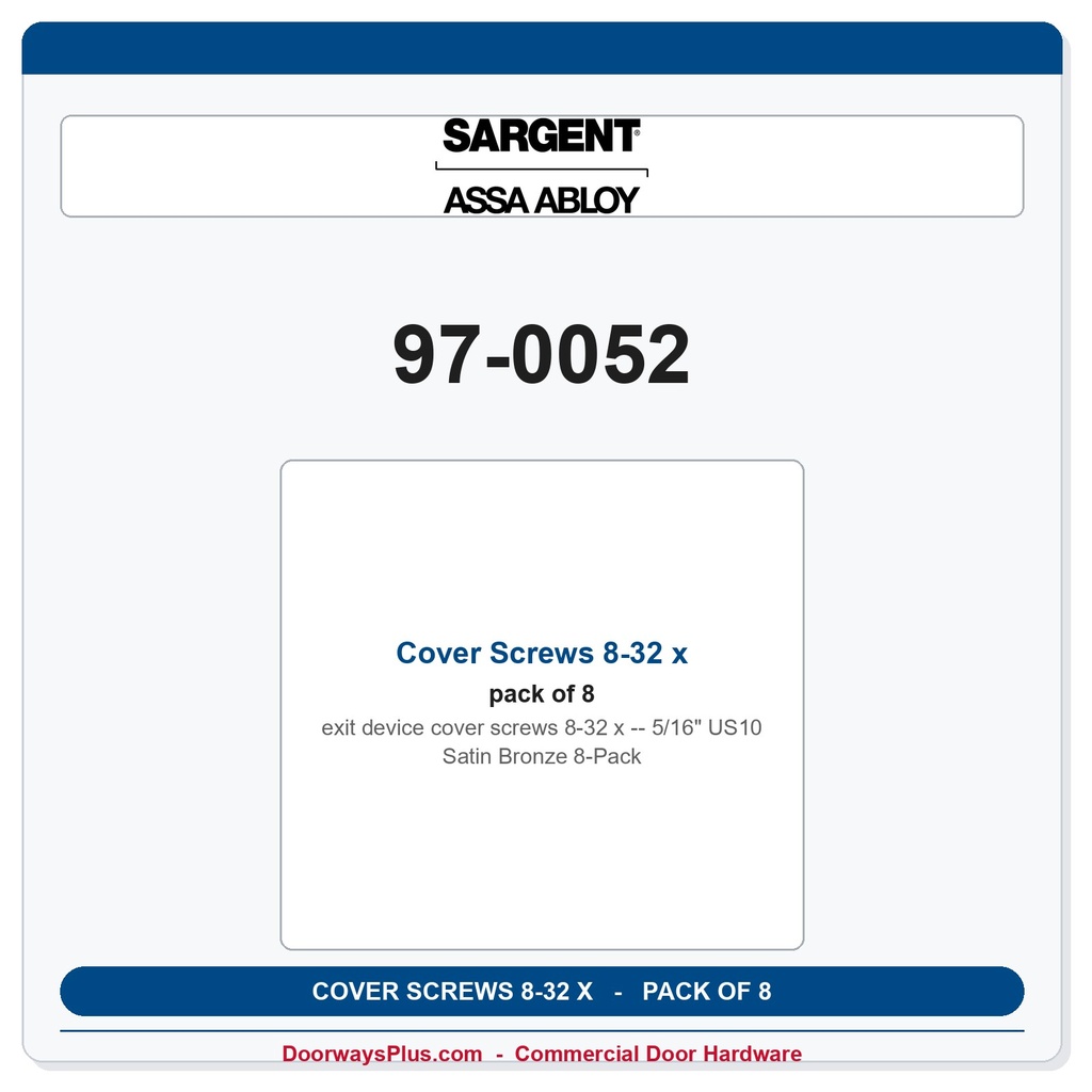 Sargent 97-0052 Cover Screws 8-32 x 5/16" US10 Satin Bronze 8-Pack