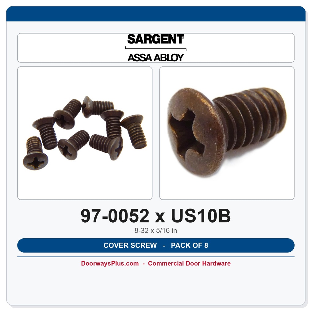 Sargent 97-0052 Cover Screws 8-32 x 5/16" US10B Oil Rubbed Bronze 8-Pack
