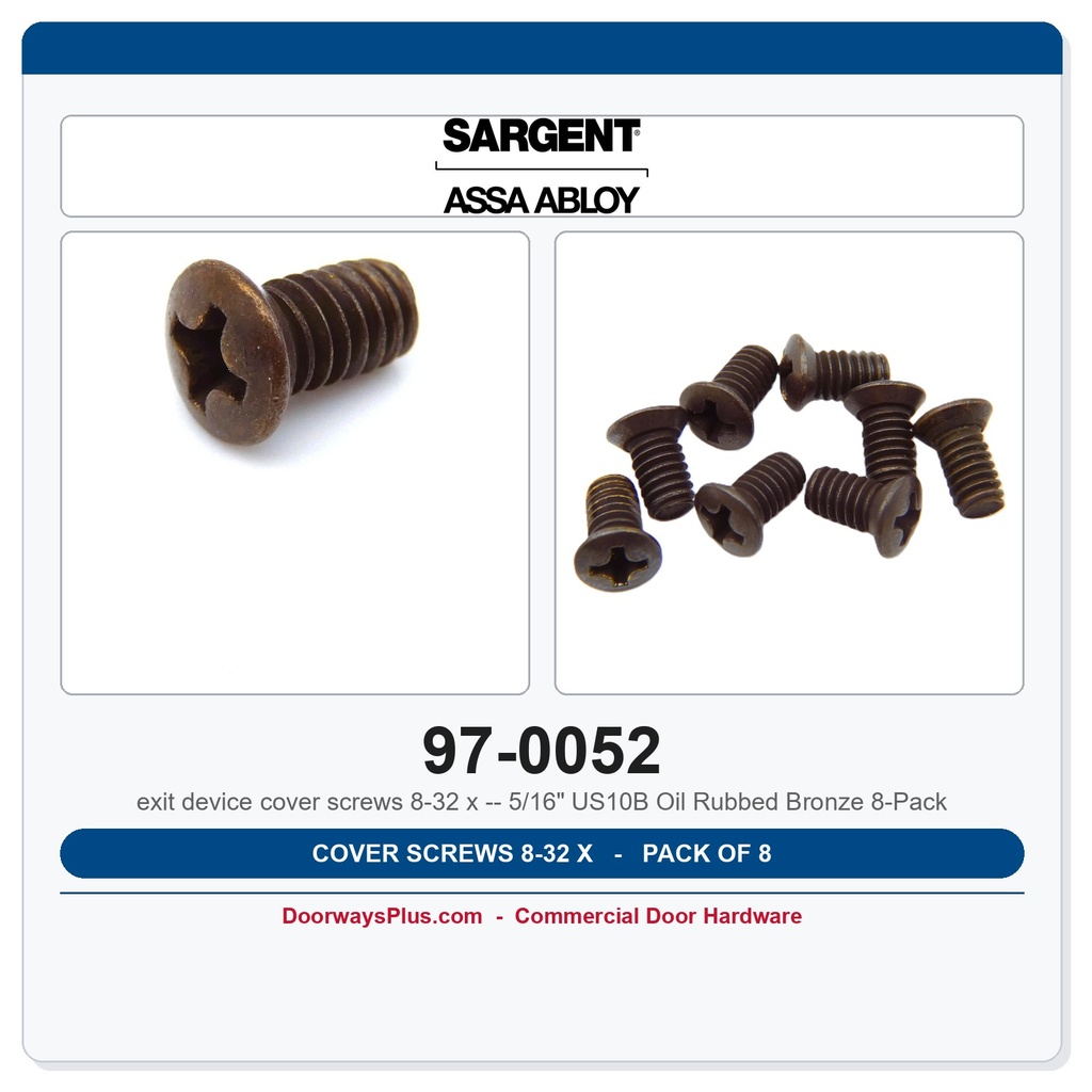 Sargent 97-0052 Cover Screws 8-32 x 5/16" US10B Oil Rubbed Bronze 8-Pack
