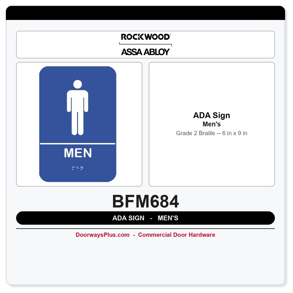 Rockwood BFM684 ADA Tactile Men Restroom Sign | Grade 2 Braille | Blue & Black