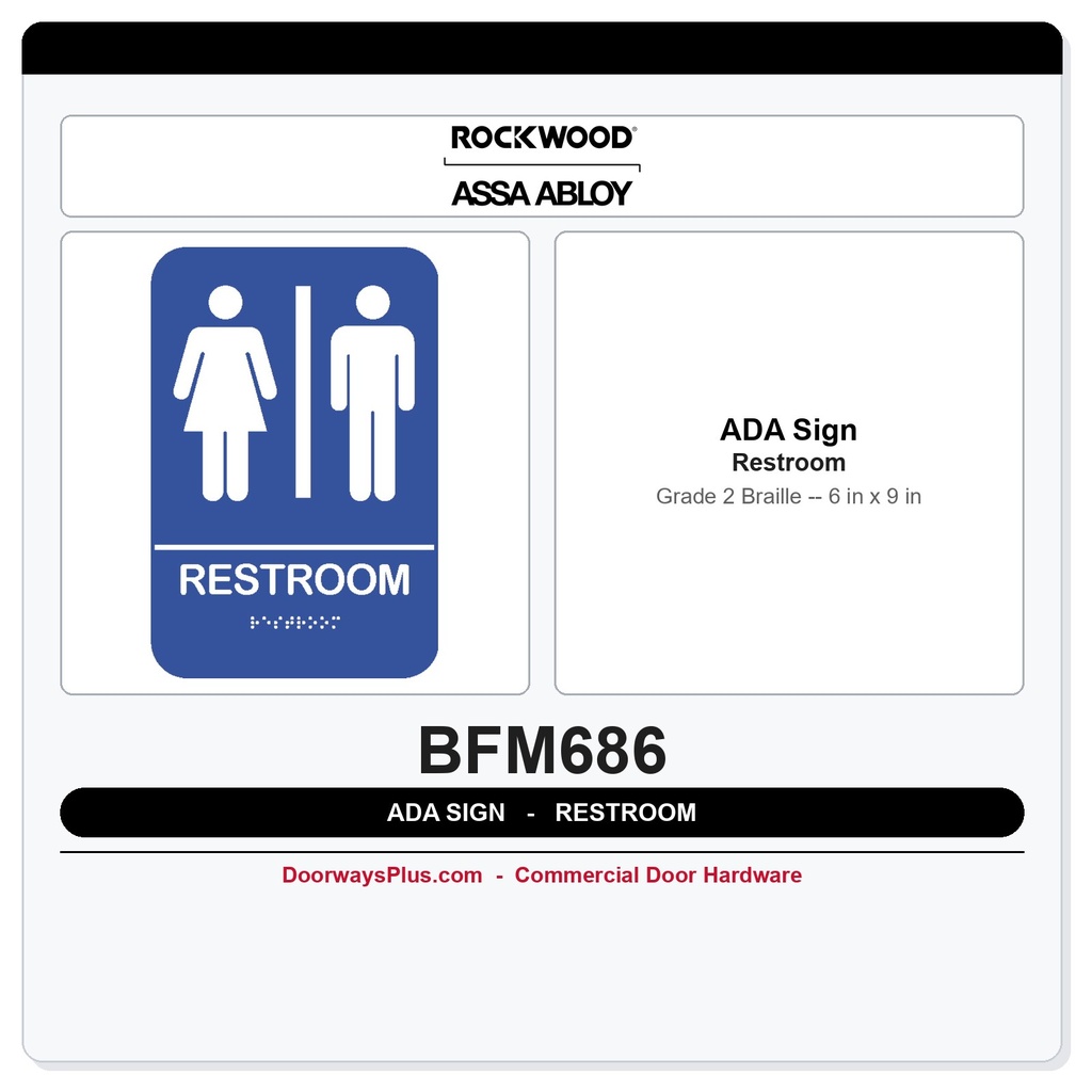 Rockwood BFM686 ADA Tactile Restroom Sign | Grade 2 Braille | Blue or Black | 6"x9"