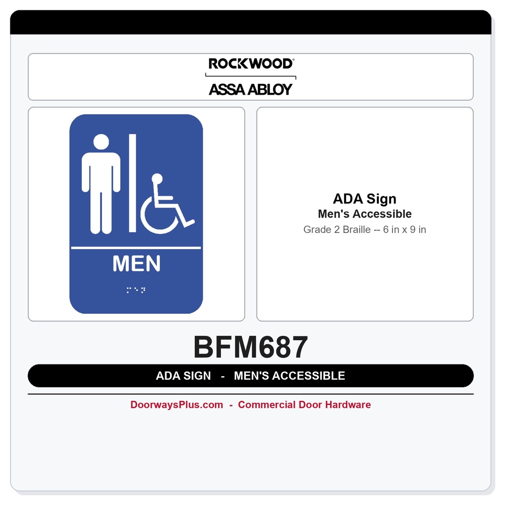 Rockwood BFM687 ADA Men's Restroom Sign | Tactile Braille 6x9 Blue/Black