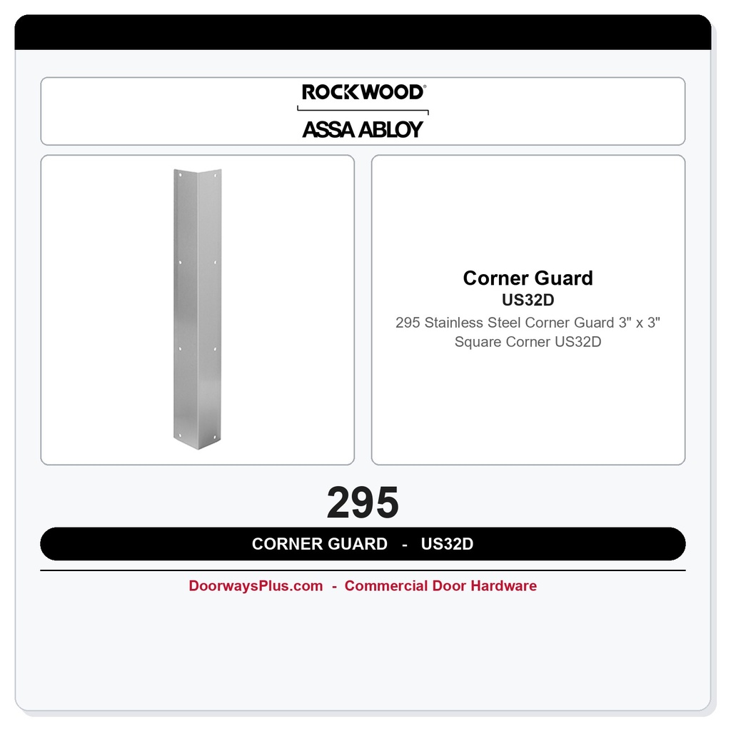 Rockwood 295 Stainless Steel Corner Guard 3" x 3" Square Corner US32D