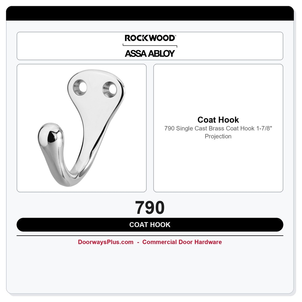 Rockwood 790 Single Cast Brass Coat Hook | 1-7/8" Projection