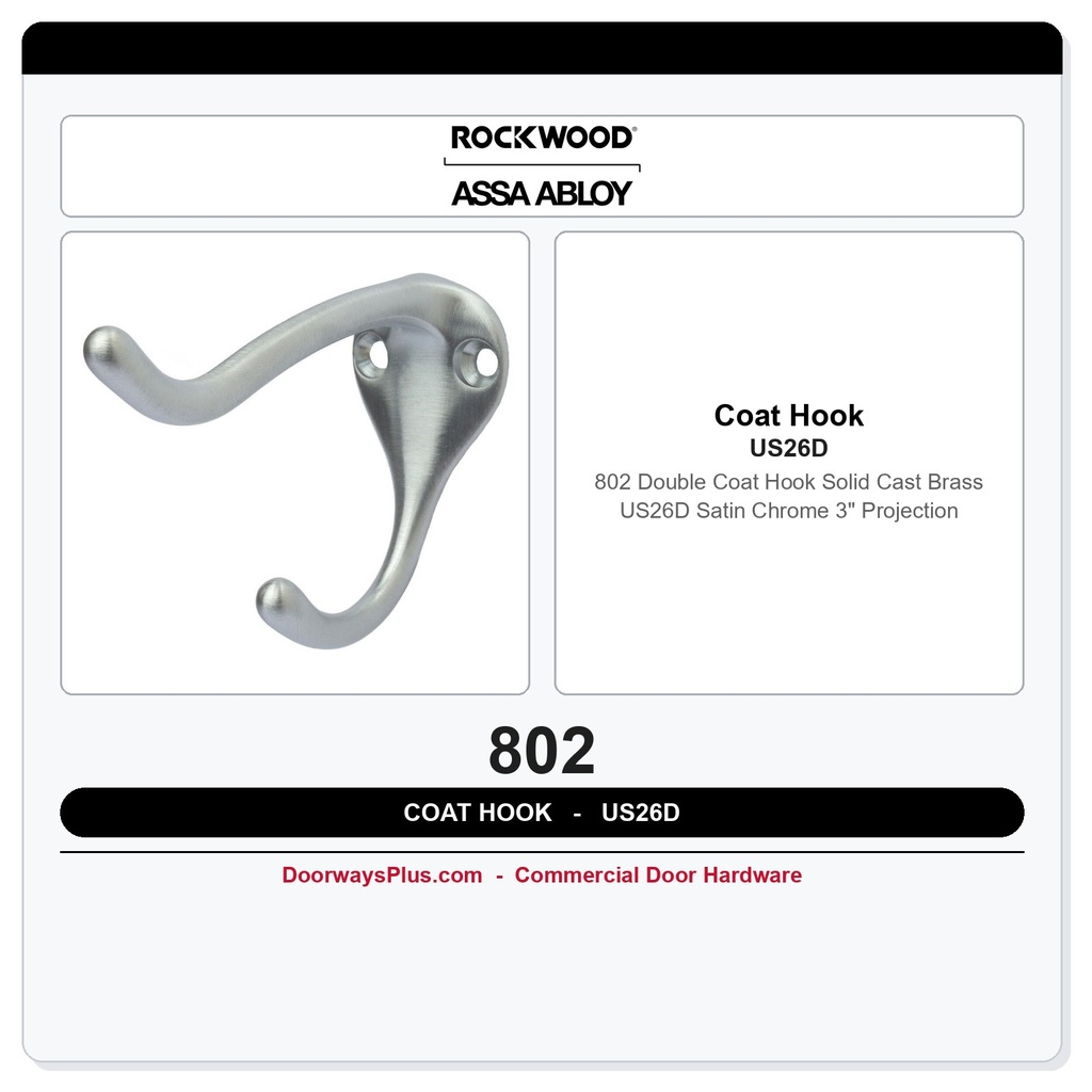 Rockwood 802 Double Coat Hook | Solid Cast Brass | US26D Satin Chrome | 3" Projection