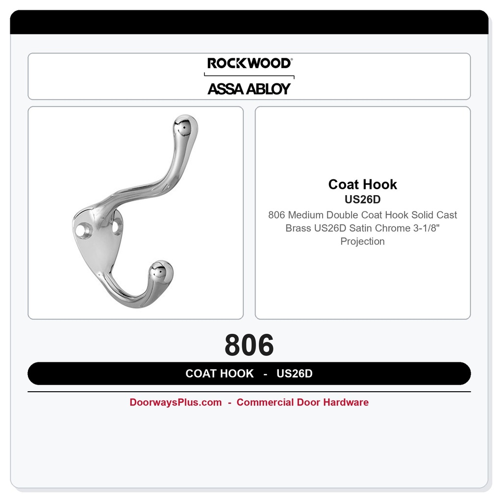 Rockwood 806 Medium Double Coat Hook | Cast Brass | US26D Satin Chrome | 3-1/8" Projection
