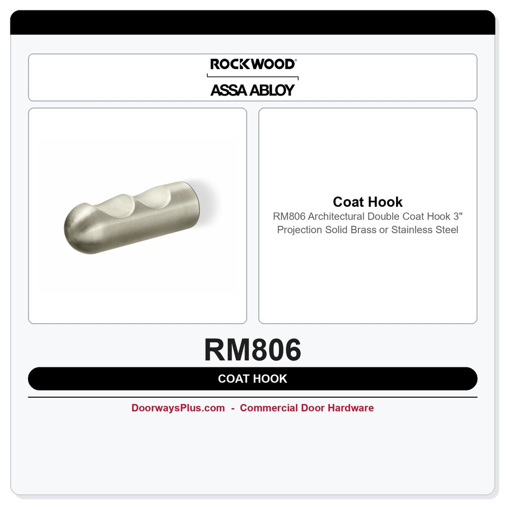 Rockwood RM806 Architectural Double Coat Hook – 3" Projection | Solid Brass or Stainless Steel