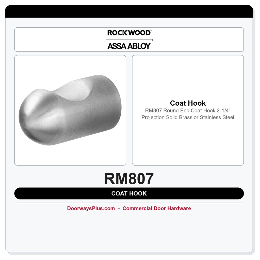 Rockwood RM807 Round End Coat Hook | 2-1/4" Projection | Solid Brass or Stainless Steel