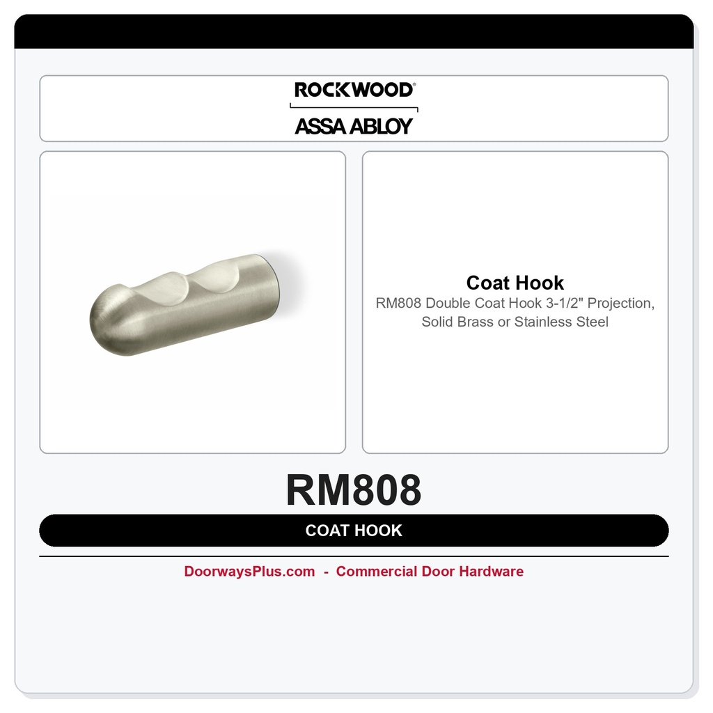 Rockwood RM808 Double Coat Hook – 3-1/2" Projection, Solid Brass or Stainless Steel