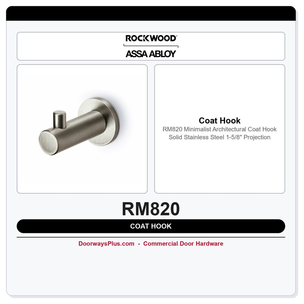 Rockwood RM820 Minimalist Architectural Coat Hook | Solid Stainless Steel | 1-5/8" Projection