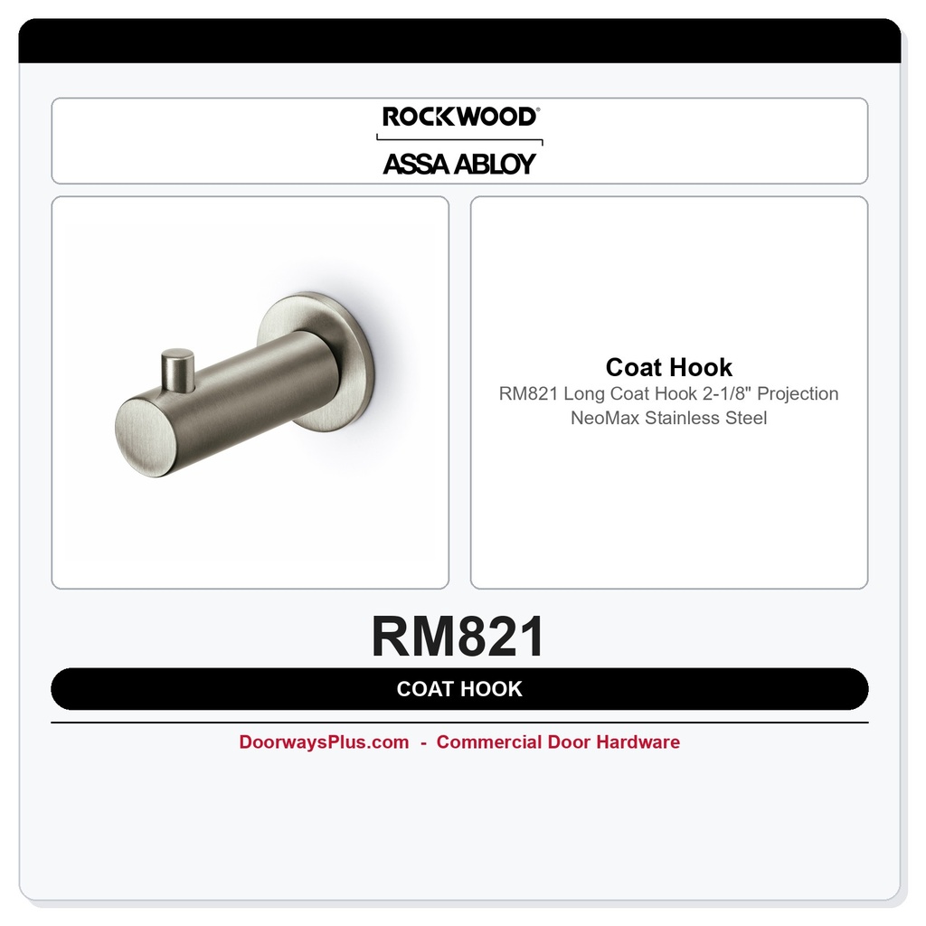 Rockwood RM821 Long Coat Hook | 2-1/8" Projection | NeoMax Stainless Steel