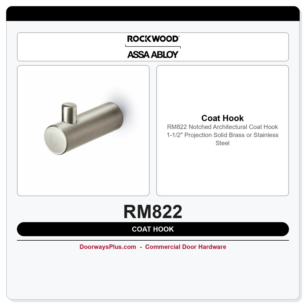 Rockwood RM822 Notched Architectural Coat Hook | 1-1/2" Projection | US32D, BSP, 10BE