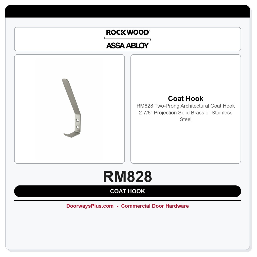 Rockwood RM828 Two-Prong Architectural Coat Hook | 2-7/8" Projection | Solid Brass or Stainless Steel