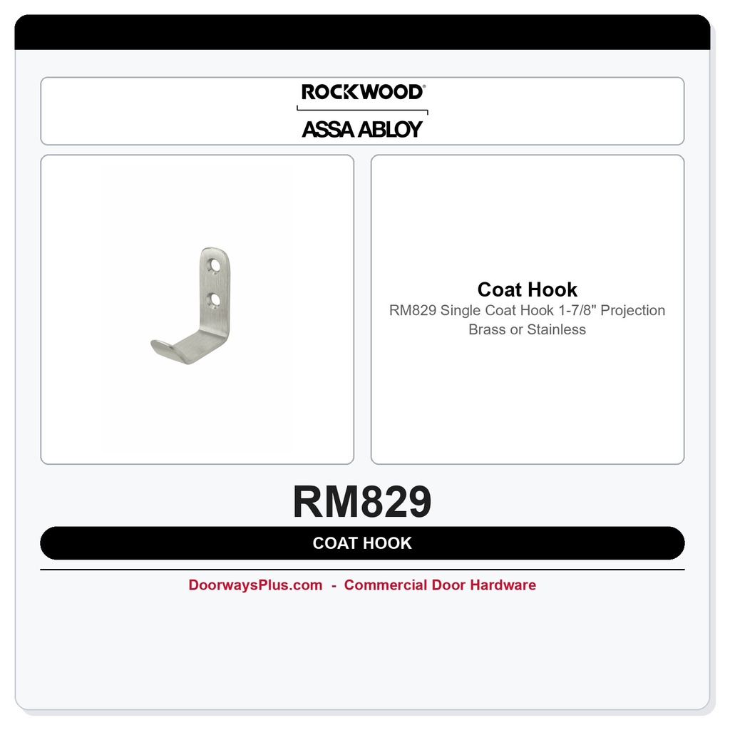 Rockwood RM829 Single Coat Hook | 1-7/8" Projection | Brass or Stainless