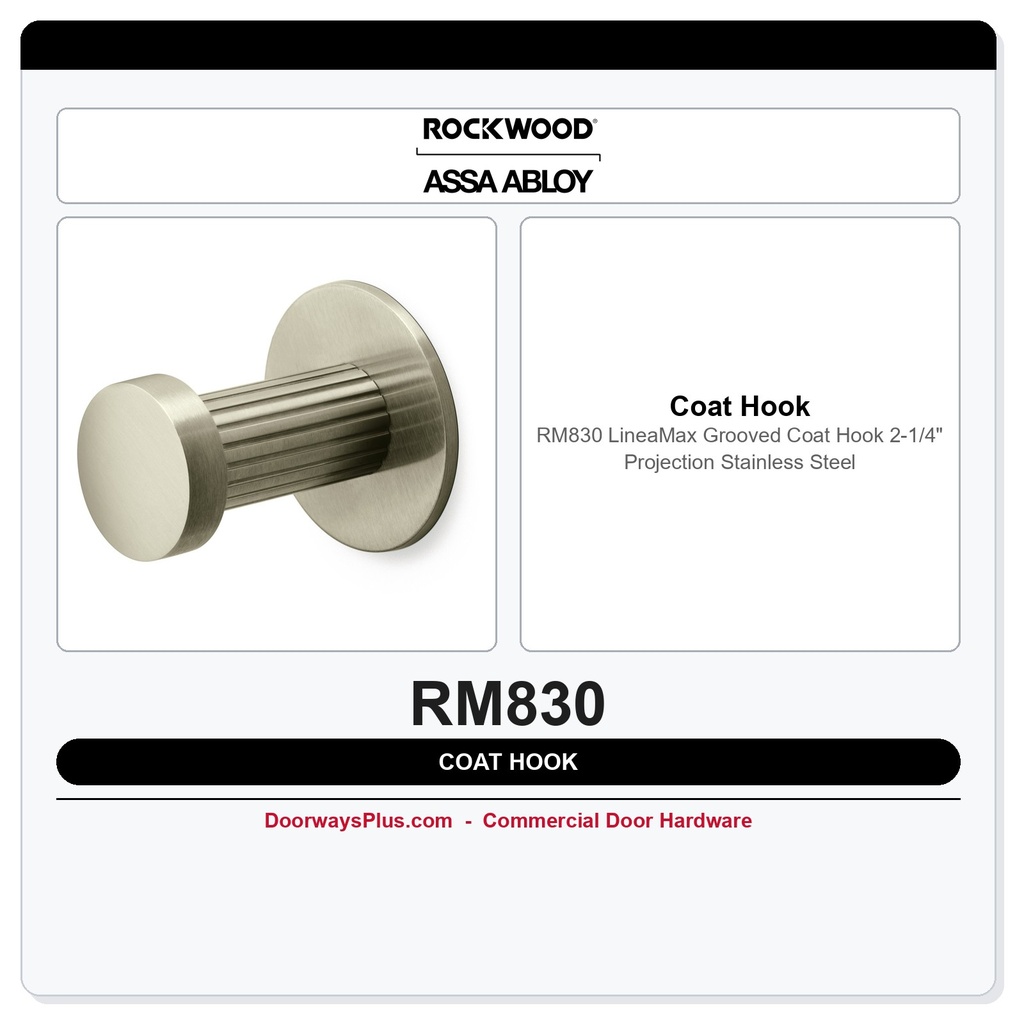 Rockwood RM830 LineaMax Grooved Coat Hook – 2-1/4" Projection | Stainless Steel