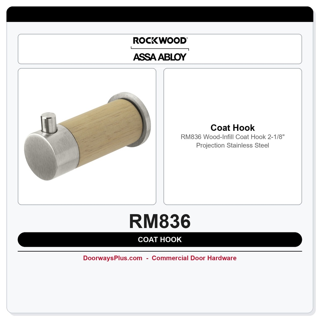 Rockwood RM836 Wood-Infill Coat Hook | 2-1/8" Projection | Stainless Steel