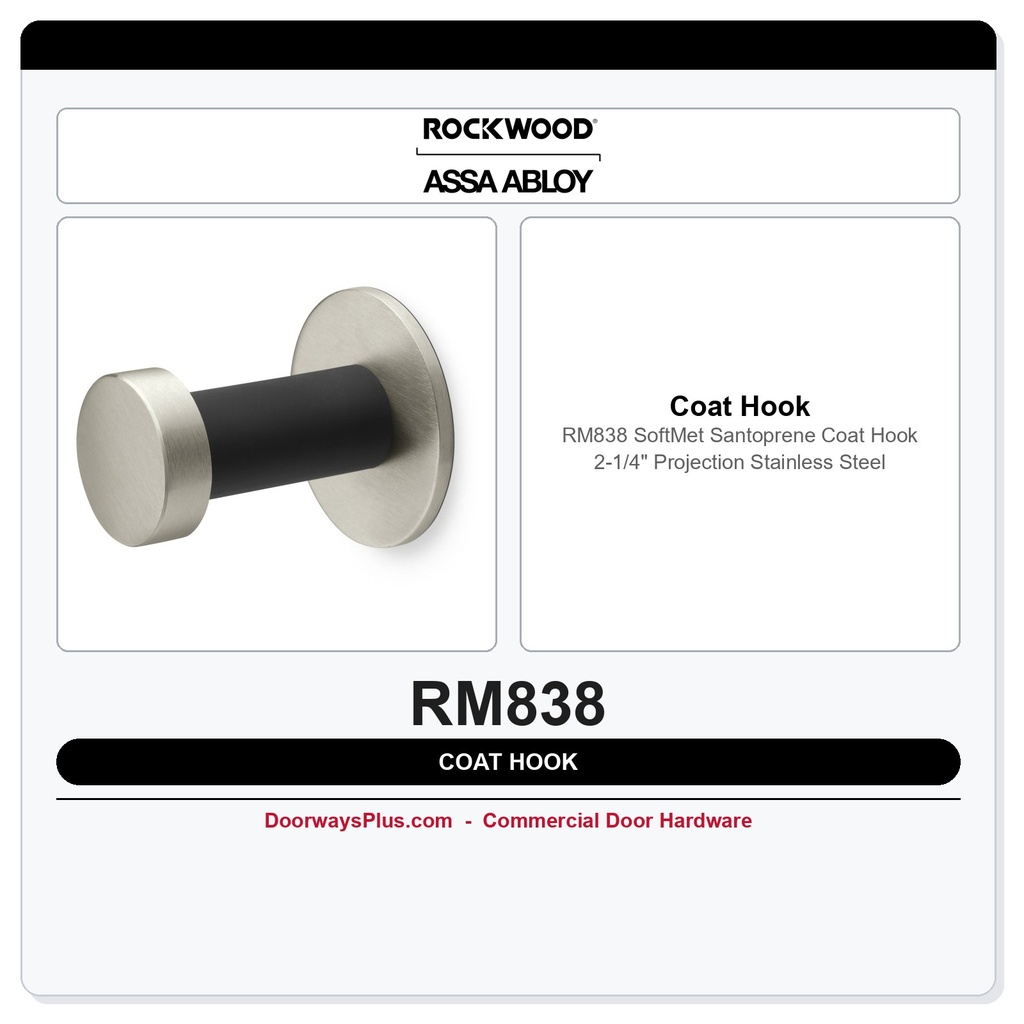 Rockwood RM838 SoftMet Santoprene Coat Hook | 2-1/4" Projection | Stainless Steel