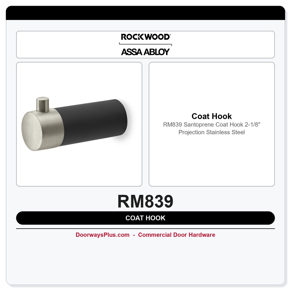 Rockwood RM839 Santoprene Coat Hook | 2-1/8" Projection | Stainless Steel