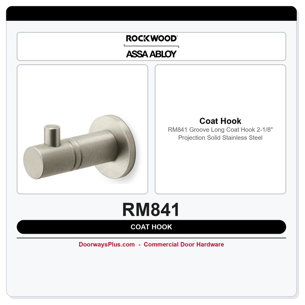 Rockwood RM841 Groove Long Coat Hook | 2-1/8" Projection | Solid Stainless Steel