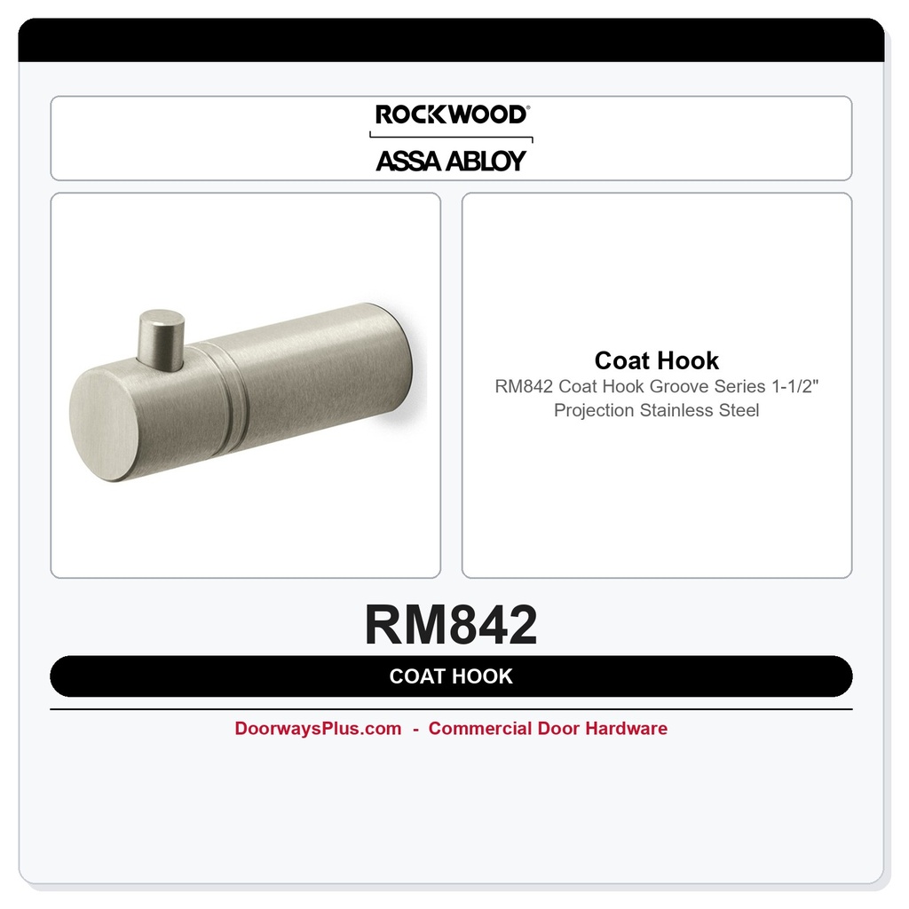 Rockwood RM842 Coat Hook | Groove Series | 1-1/2" Projection | Stainless Steel