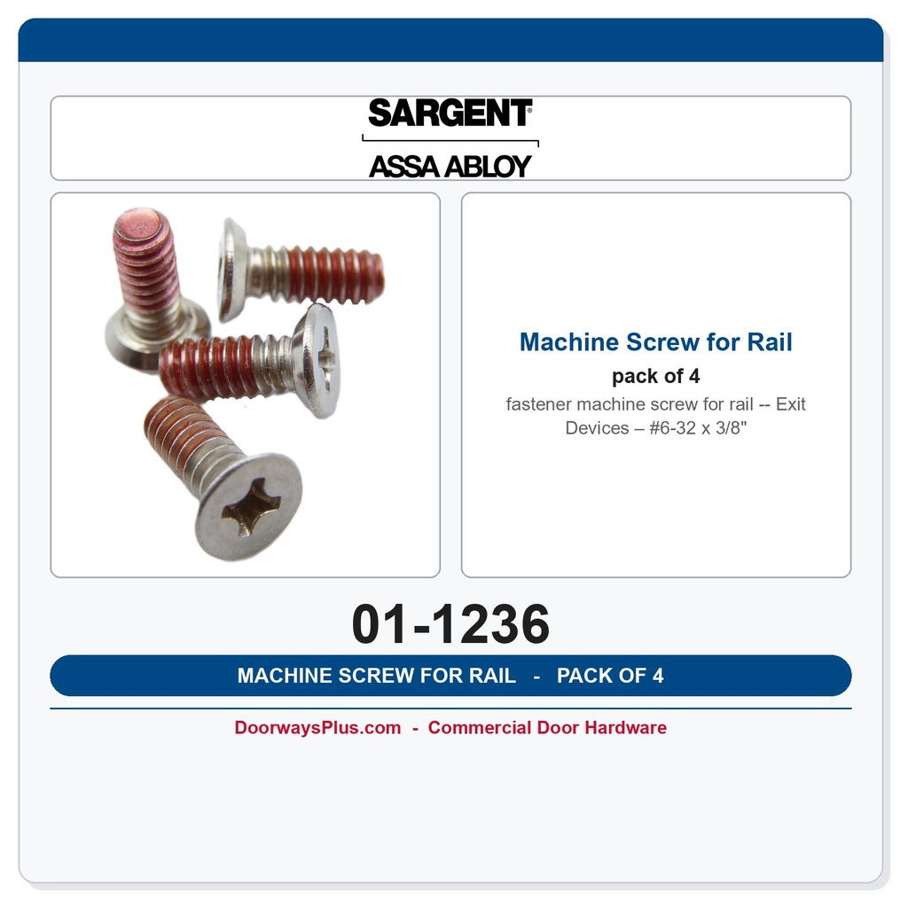 Sargent 01-1236 Machine Screw for Rail Exit Devices – #6-32 x 3/8" Pack of 4 | US26D