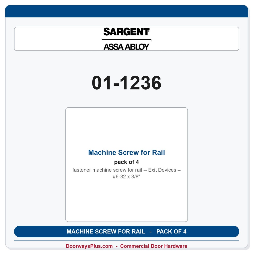 Sargent 01-1236 Machine Screw for Rail Exit Devices – #6-32 x 3/8" Pack of 4 | US26D
