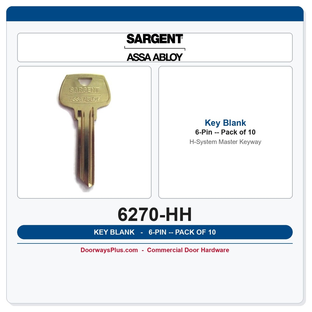 Sargent 6270HH 6-Pin Key Blank | H System Master Keyway | Pack of 10