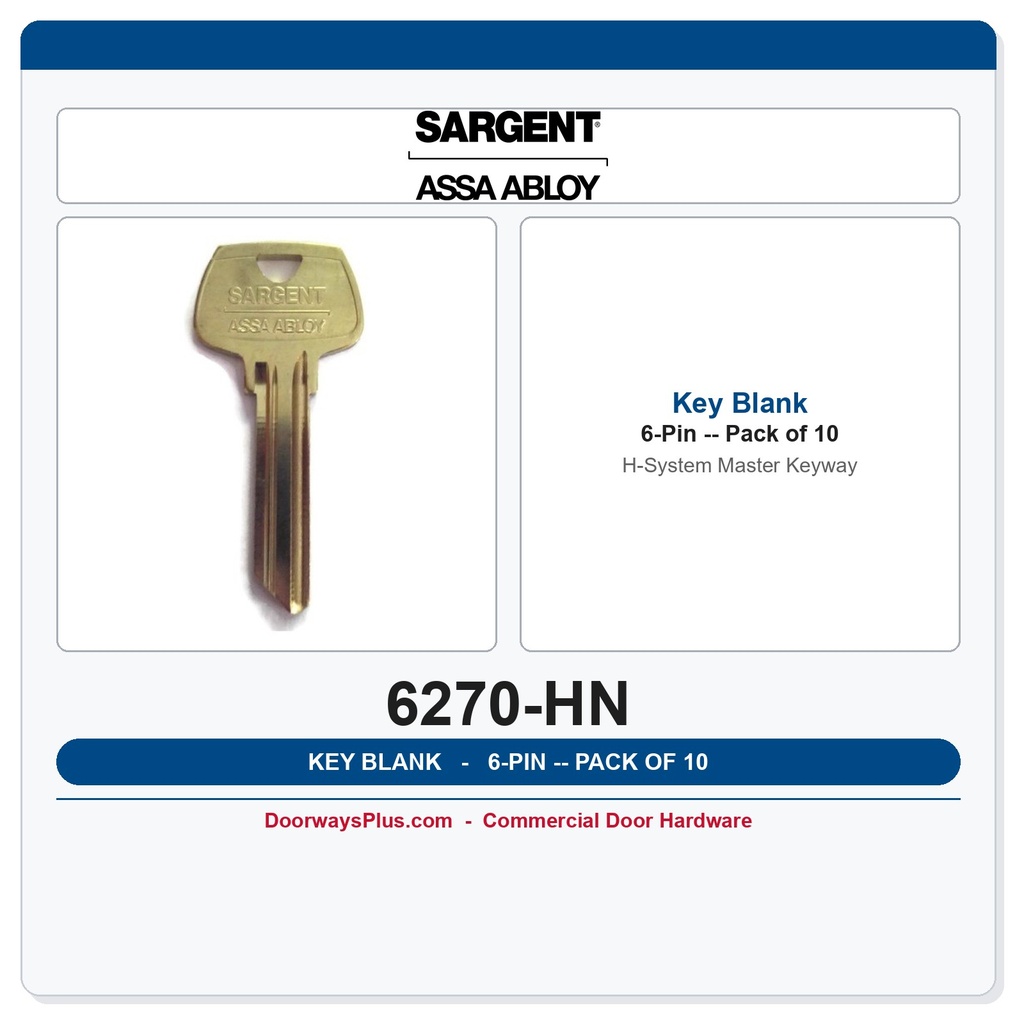 Sargent 6270HN H Keyway 6-Pin Master Section Key Blank – Pack of 10