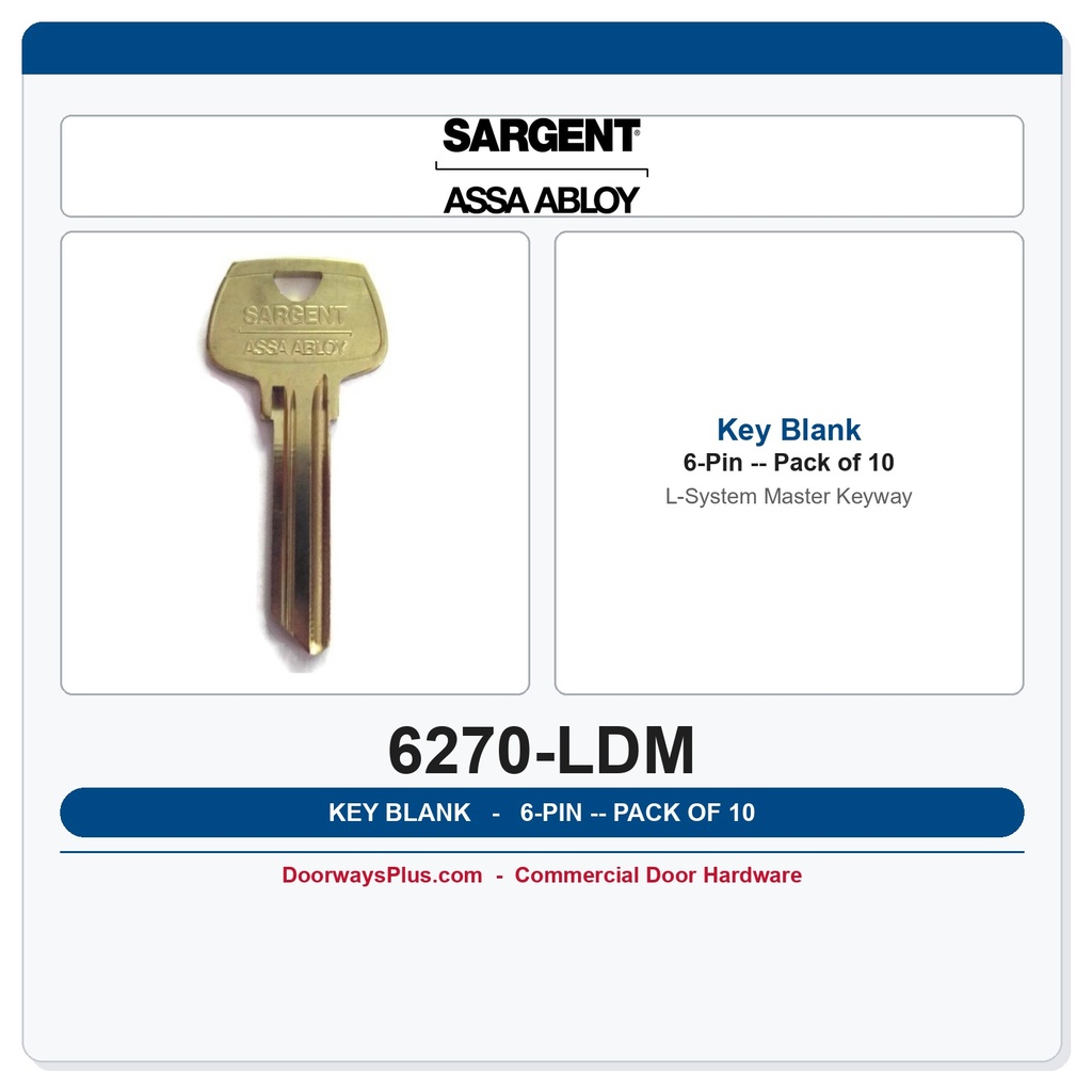 Sargent 6270 LDM 6-Pin Master Keyway Key Blank, Pack of 10