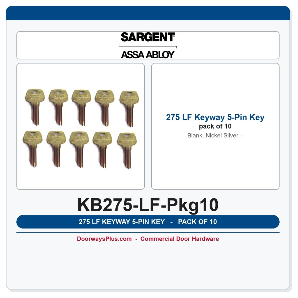 Sargent 275 LF Keyway 5-Pin Key Blank, Nickel Silver – Pack of 10
