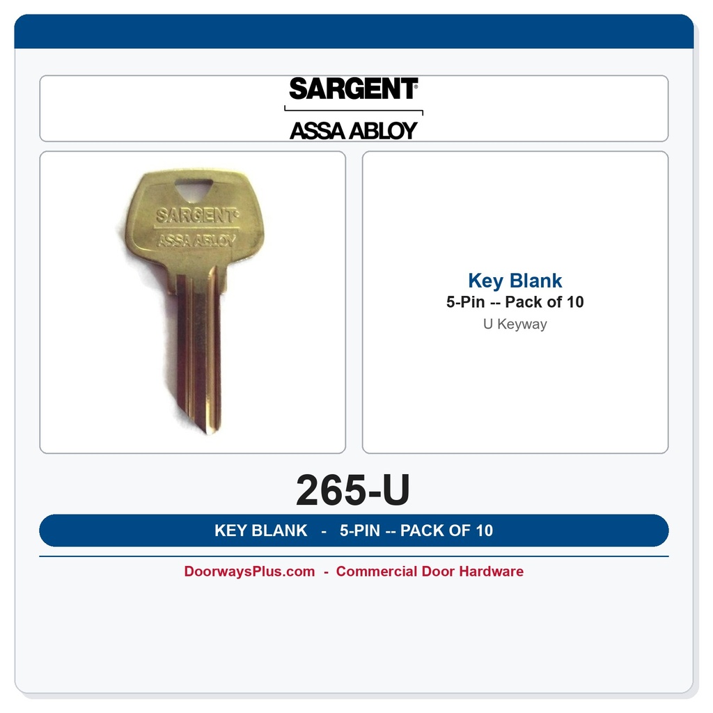 Sargent 265 Key Blank — 5-Pin U Keyway, Nickel Silver, Pack of 10