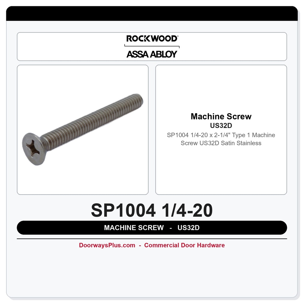 Rockwood SP1004 1/4-20 x 2-1/4" Type 1 Machine Screw US32D Satin Stainless