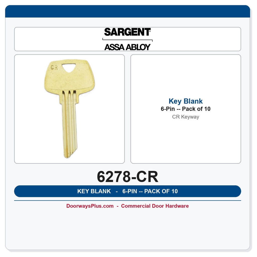 Sargent 6278 CR Keyway 6-Pin Key Blank | Nickel Silver | Pack of 10