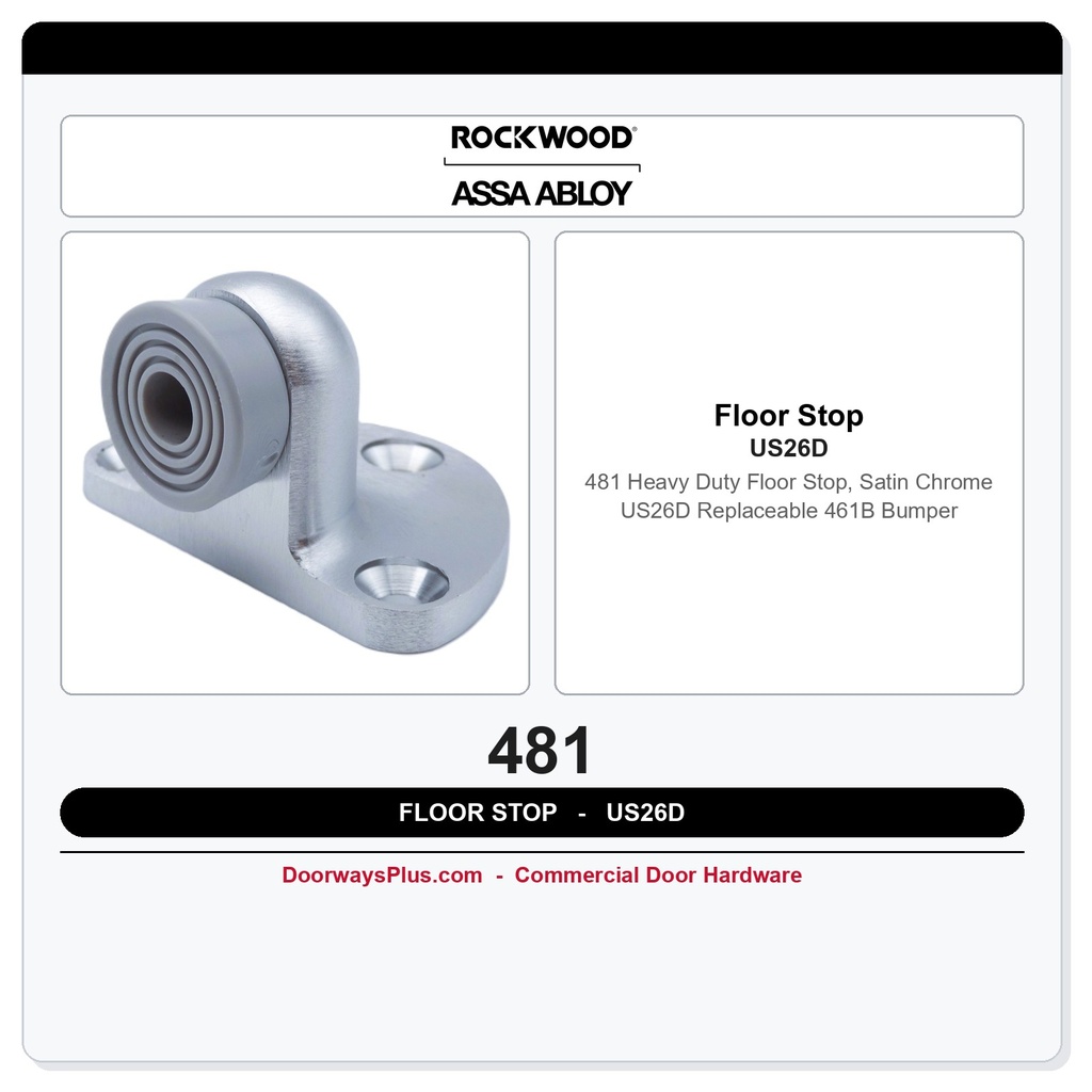 Rockwood 481 Heavy Duty Floor Stop, Satin Chrome US26D – Replaceable 461B Bumper