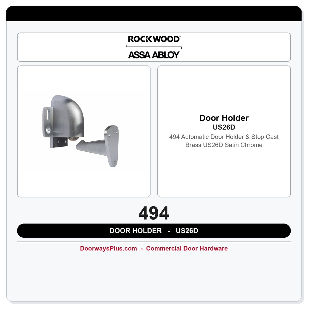Rockwood 494 Automatic Door Holder & Stop | Cast Brass | US26D Satin Chrome