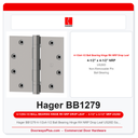 Hager BB1279 4-1/2x4-1/2 Ball Bearing Hinge RH NRP Drop Leaf US26D Satin Chrome