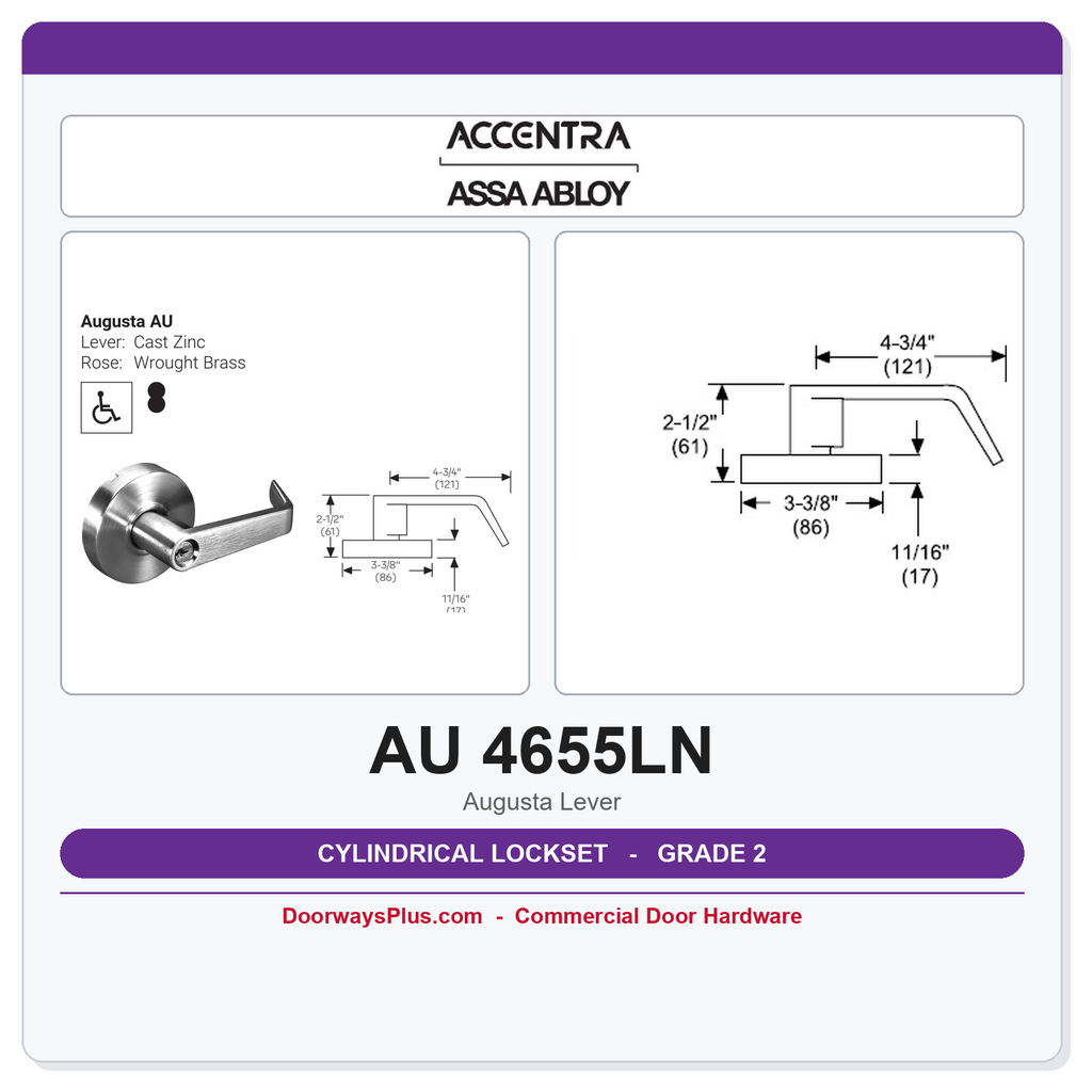 Accentra AU 4655LN Grade 2 Single Dummy Trim | Augusta Lever | UL Listed | Formerly Yale