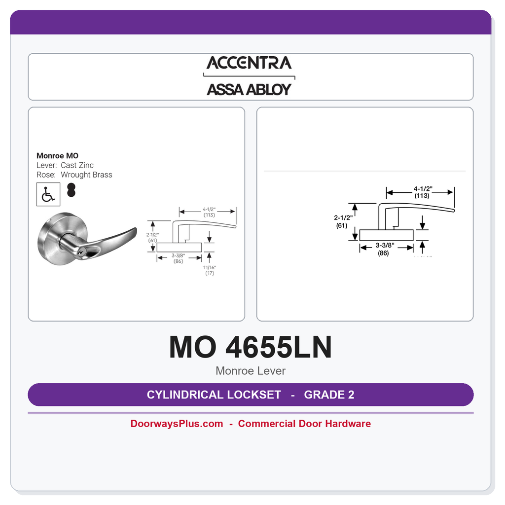 Accentra MO 4655LN Grade 2 Single Dummy Trim – Monroe Lever | ADA, UL Listed, Fire Rated