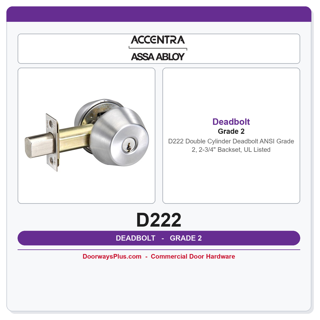 Accentra D222 Double Cylinder Deadbolt – ANSI Grade 2, 2-3/4" Backset, UL Listed