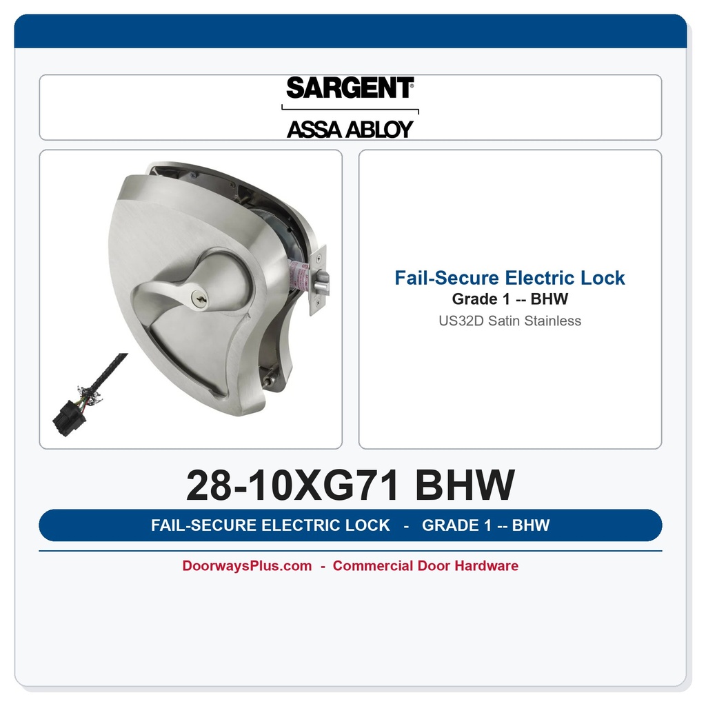 Sargent 28-10XG71 BHW US32D Fail Secure Electric Cylindrical Lock, Grade 1