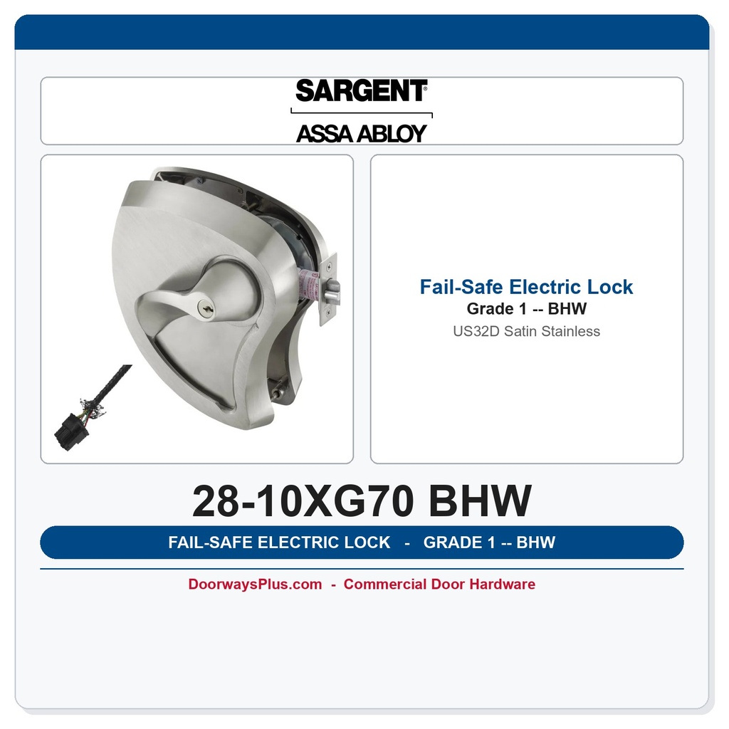 Sargent 28-10XG70 BHW Fail-Safe Electric Cylindrical Lock US32D Grade 1