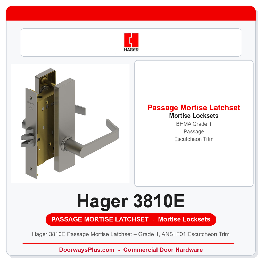 Hager 3810E Passage Mortise Latchset – Grade 1, ANSI F01 Escutcheon Trim