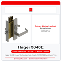 Hager 3840E Privacy Mortise Latchset – Grade 1 ANSI F22 Escutcheon Trim