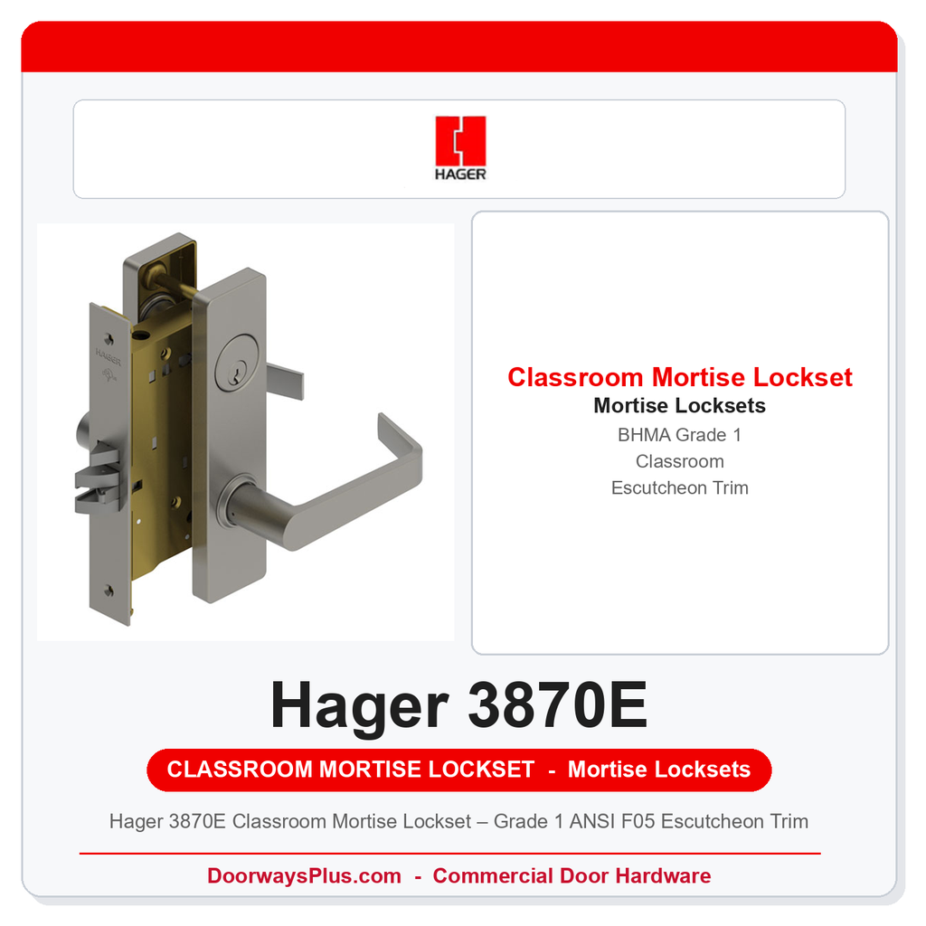 Hager 3870E Classroom Mortise Lockset – Grade 1 ANSI F05 Escutcheon Trim
